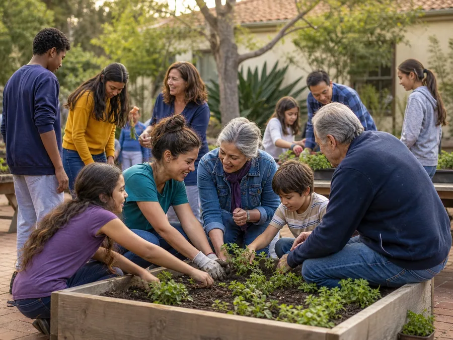 People of several generations planting a community garden together.