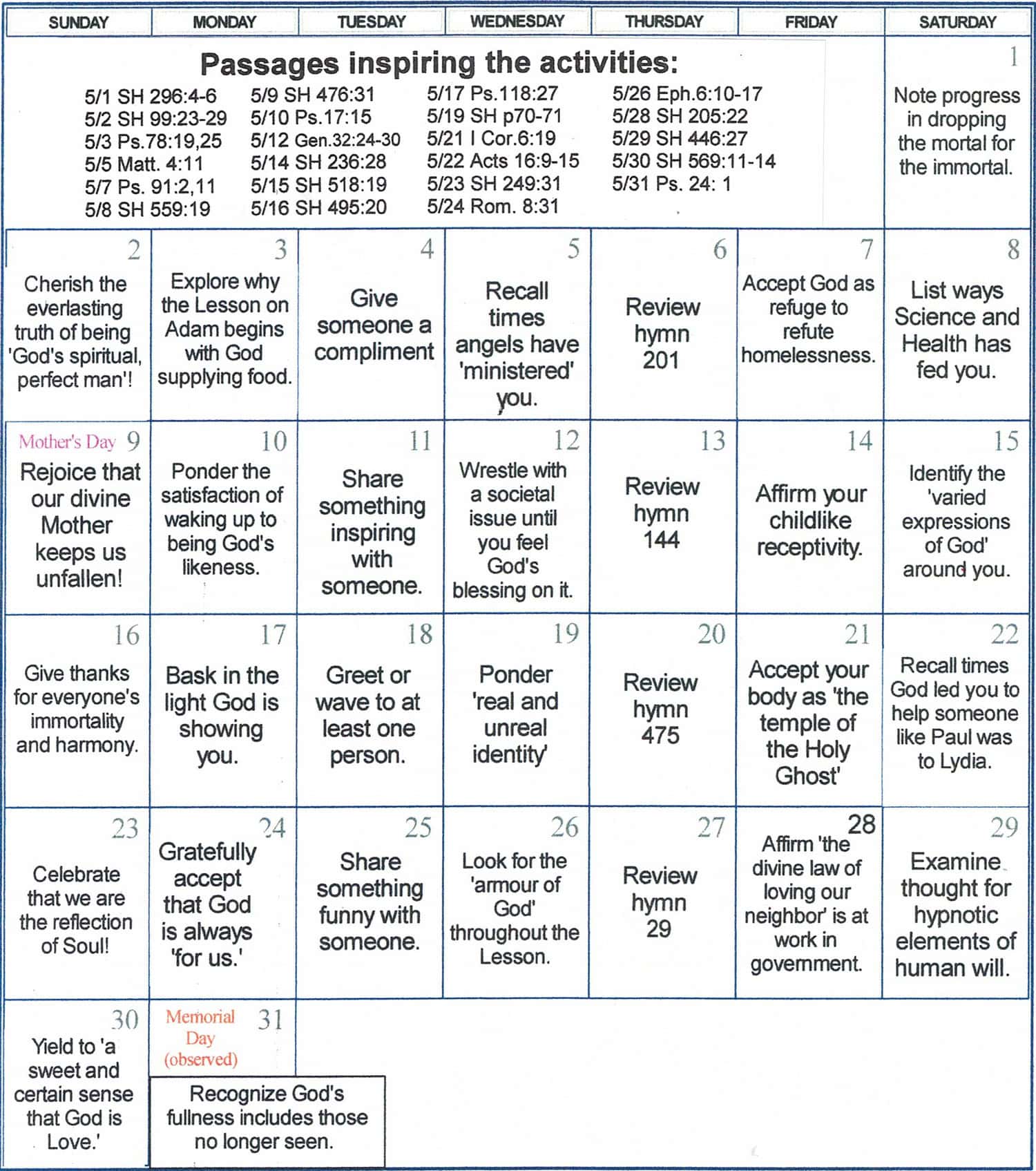 May 2021 Spiritual Activities Calendar Broadview Christian Science